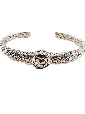 Artisan Sterling Silver & 18k Gold Accents Ornate Hinged Cuff Bangle